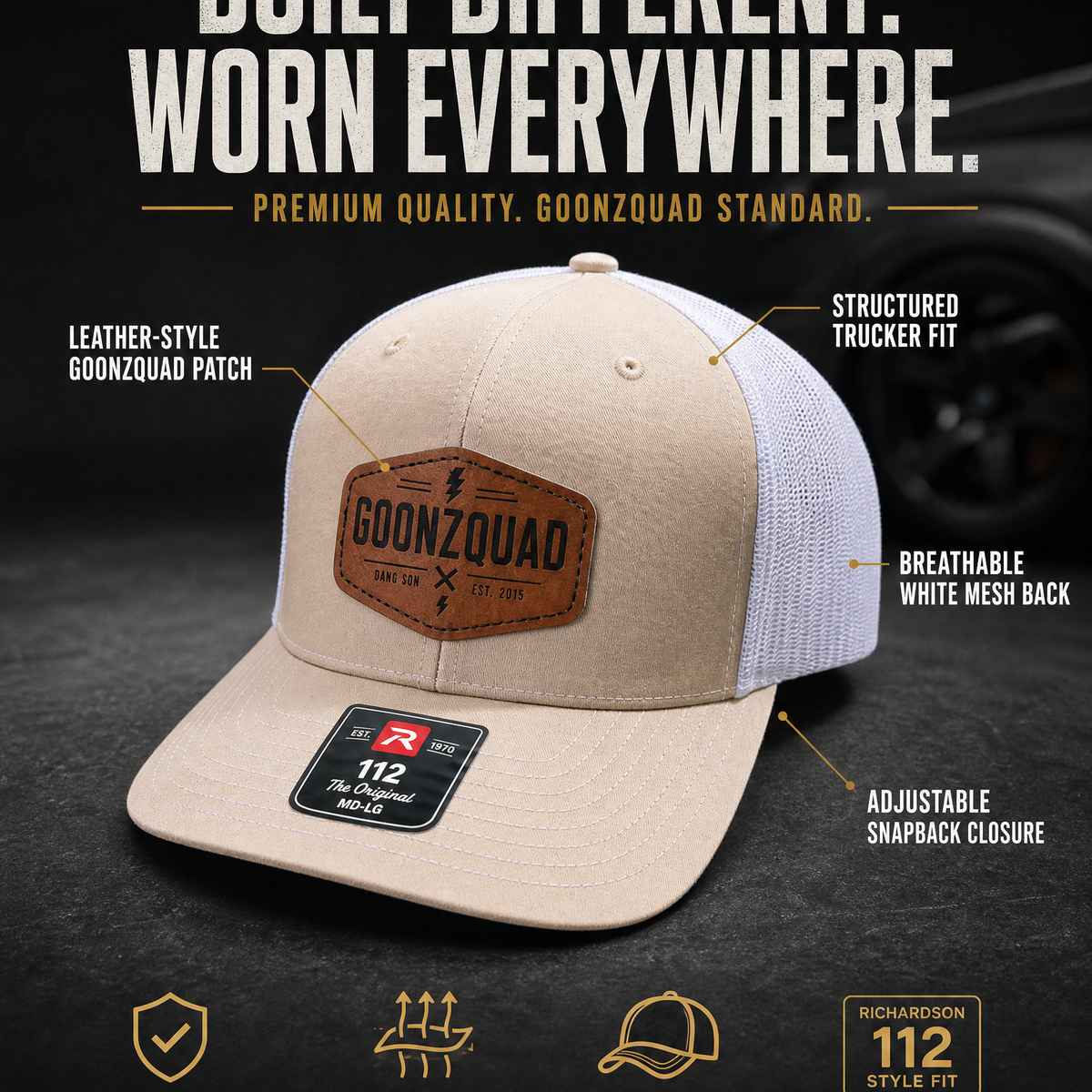 Goonzquad Leather Patch Trucker Hat – Khaki/White