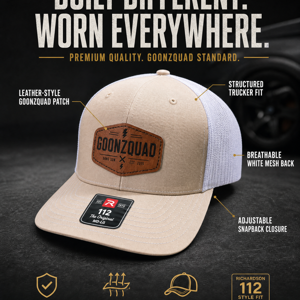 Goonzquad Leather Patch Trucker Hat – Khaki/White