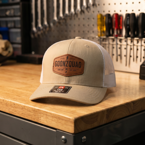Goonzquad Leather Patch Trucker Hat – Khaki/White