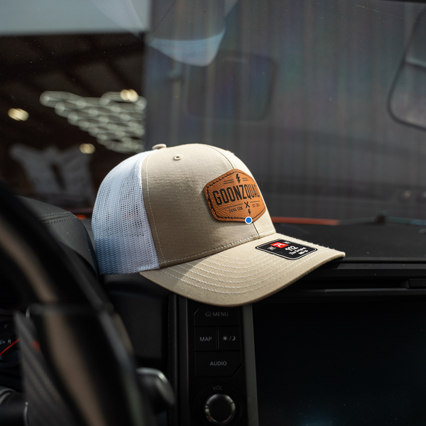 Goonzquad Leather Patch Trucker Hat – Khaki/White